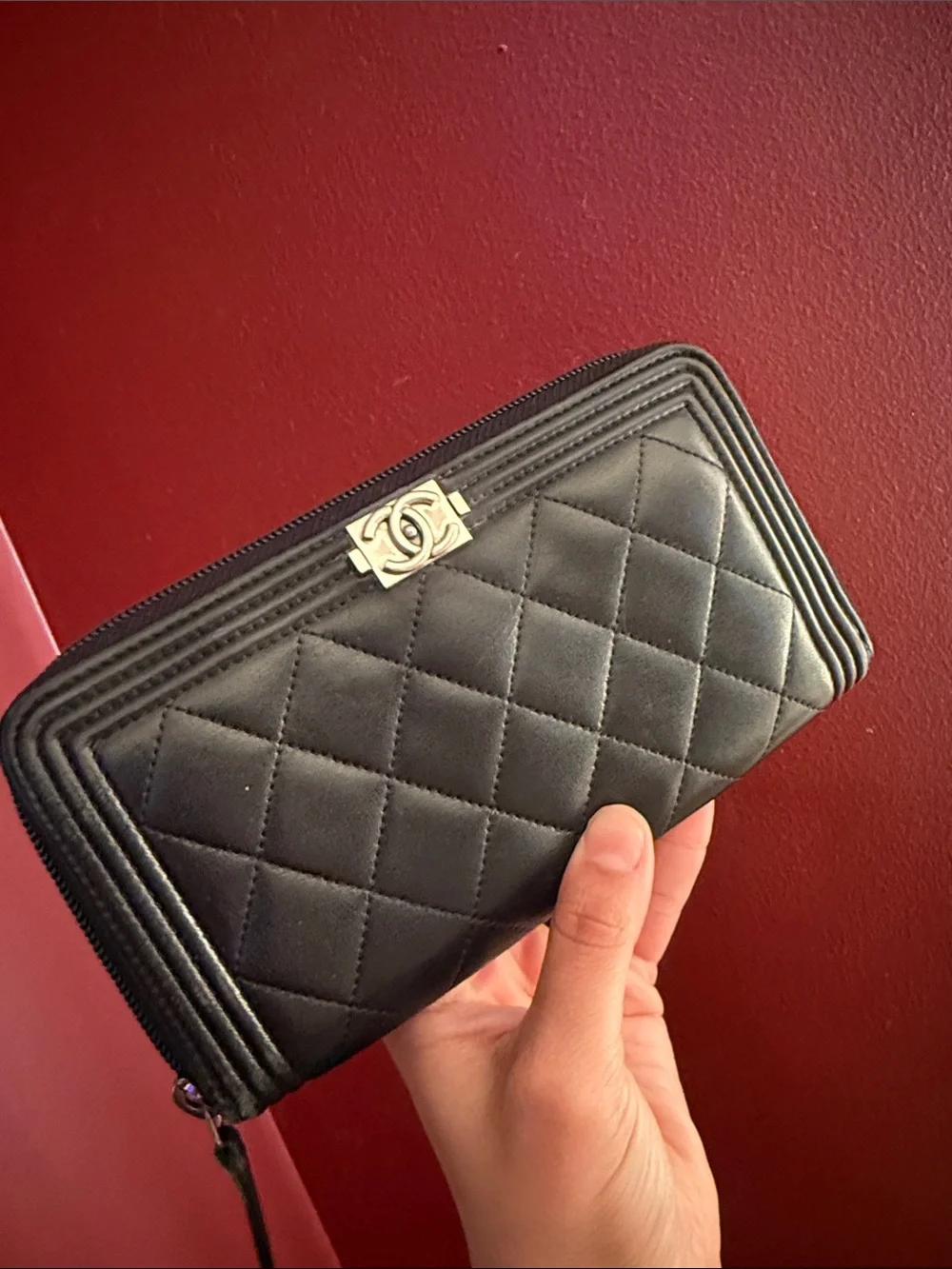 CHANEL Black Quilted Zip Wallet with CC Hardware